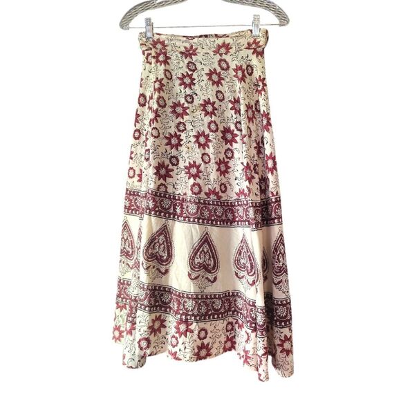 VTG India Cotton Off White Red Floral Block Print Midi Wrap Skirt *XS- Med - Picture 13 of 16